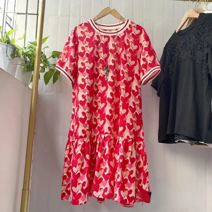 

Летние модные платья с коротким рукавом и принтом, женские свободные платья с принтом сердечек, женское платье с коротким рукавом