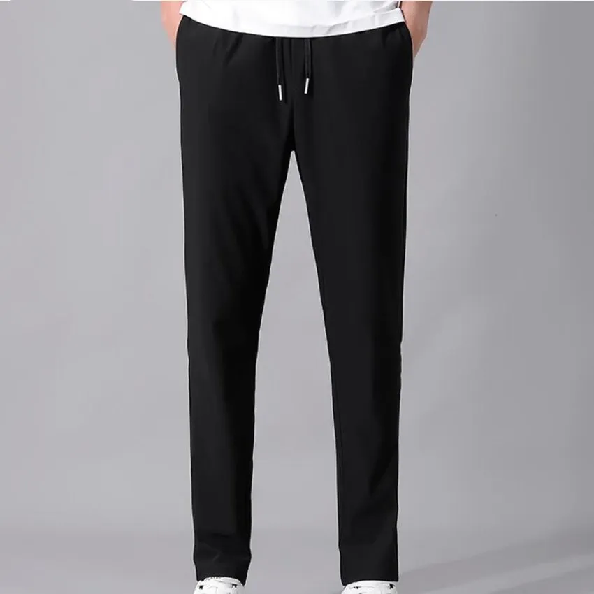 

2023 Summer Men's Ice Silk Trousers Solid Mid-Waist Loose Stretch Slim Straight Leg Casual Breathable Quick-drying Pants