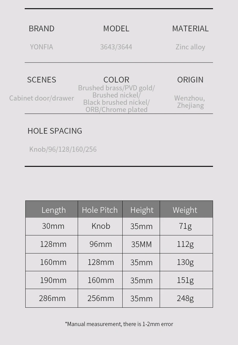 YONFIA 3644BB Brushed Brass Kitchen Cabinet Handles Knob Zinc Alloy Furniture Drawer Handle Wardrobe Closet Pull Handle Gold