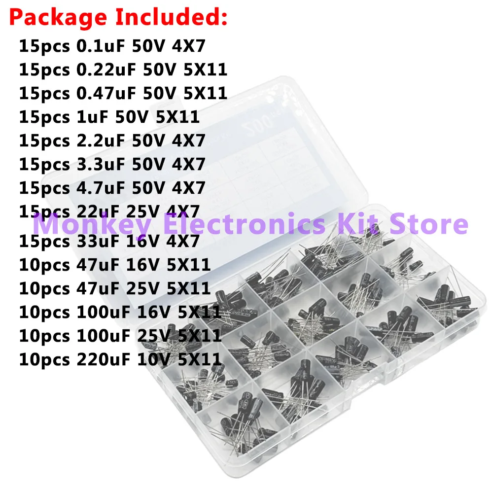 15Values 10V 16V 25V 50V 0.1uF-220uF 0.22uf 2.2uf 100uf Radial Electrolytic Capacitor Assortment Kit 200pcs/lot electrolytic capacitor
