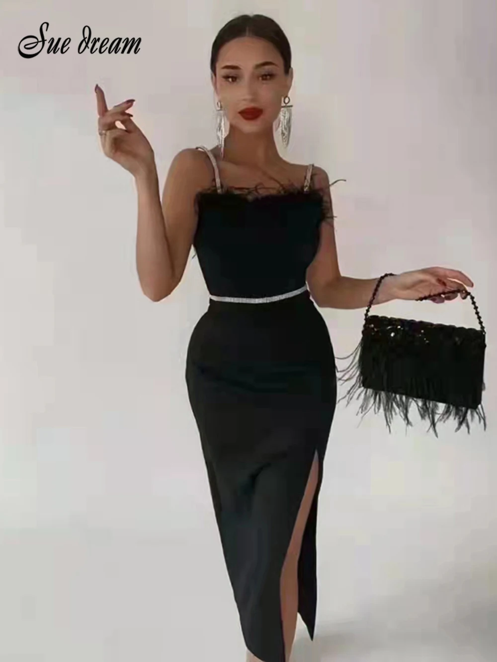 

Новинка 2023, сексуальное женское Бандажное платье, модное облегающее платье на тонких бретельках с перьями, Клубное черное вечерние, платье знаменитостей