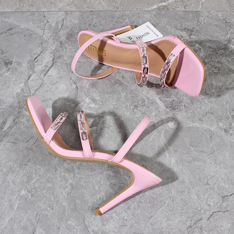 

Women's Stiletto Shoes 2022 Summer New Thin Strap Chain Back Strap High Heels Pink PU Fashion Party Sexy Women Sandals