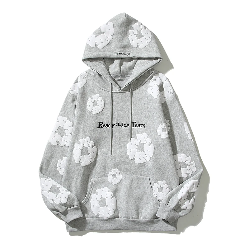 Foam Kapok Print Letter Embroidery Hoodie Men Women High Quality Fleece Sweatshirt Graffiti Pullovers Ready made Tears Hoodies