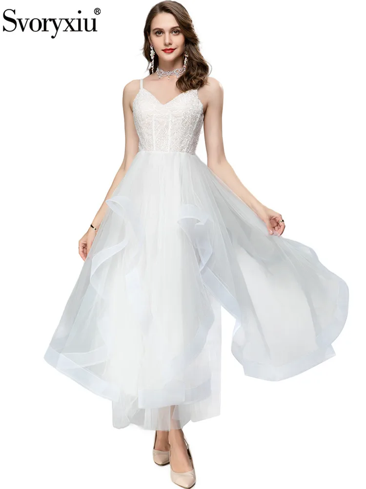 Svoryxiu Designer Summer Elegant White Color Gauze Spaghetti Strap