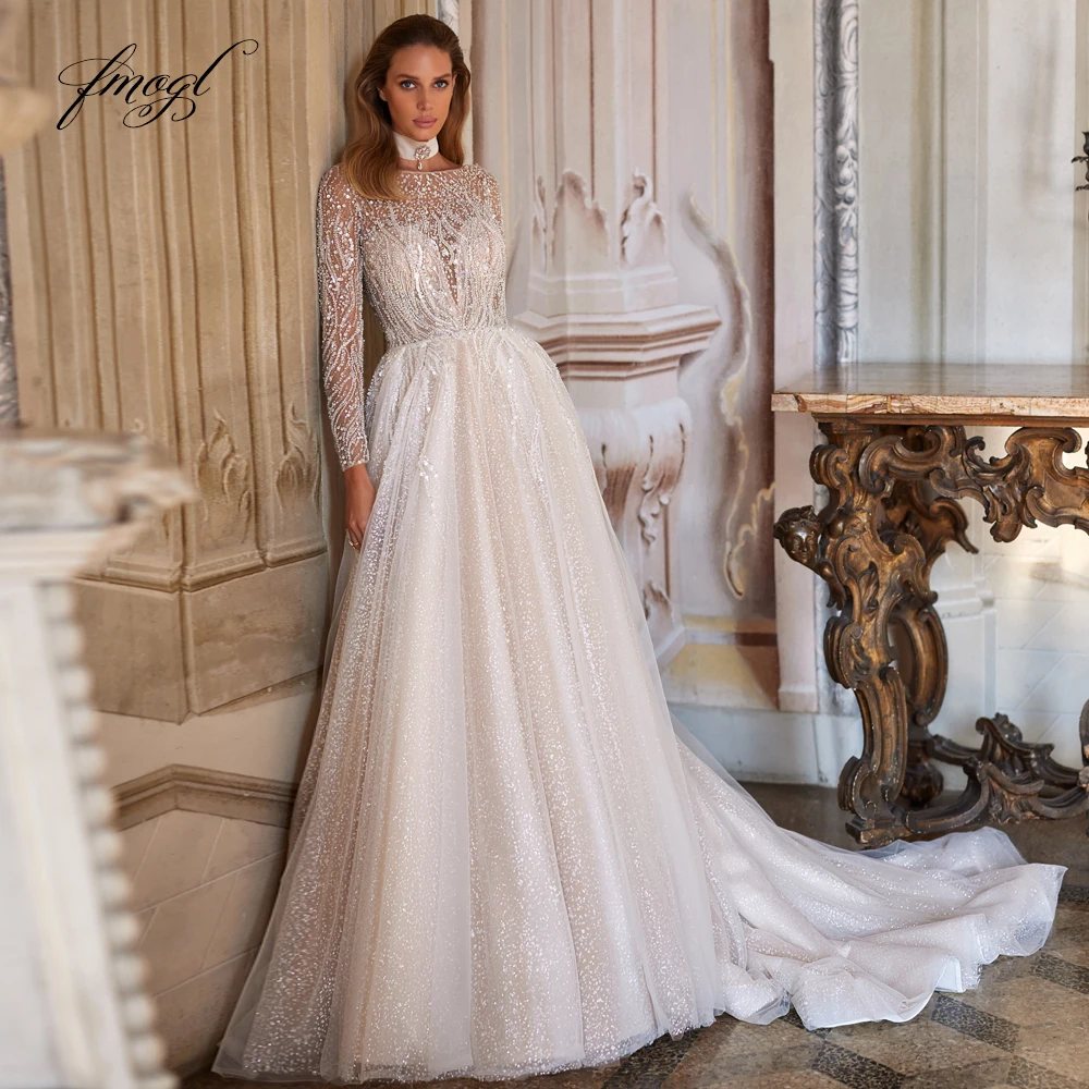 

Fmogl Elegant Illusion Long Sleeve Lace Vintage Wedding Dresses Delicate Appliques Beaded Court Train A Line Bridal Gown