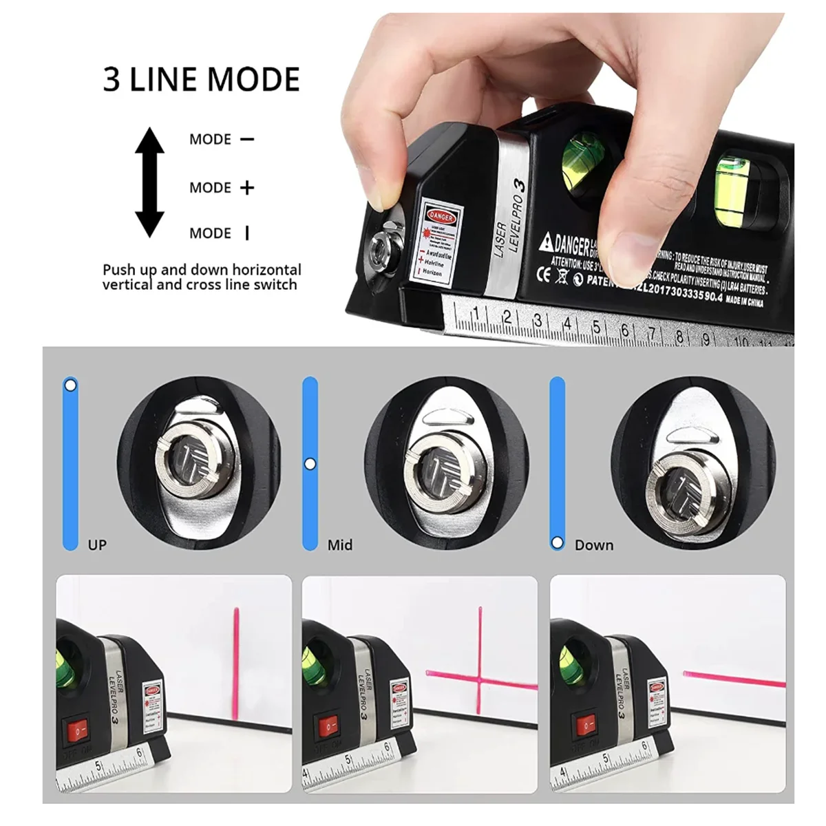 Laser Level Line Tool Multipurpose Line Laser Leveler Cross Lasers With 8FT 2.5M Standard Measure Tape and Metric Rulers laser level