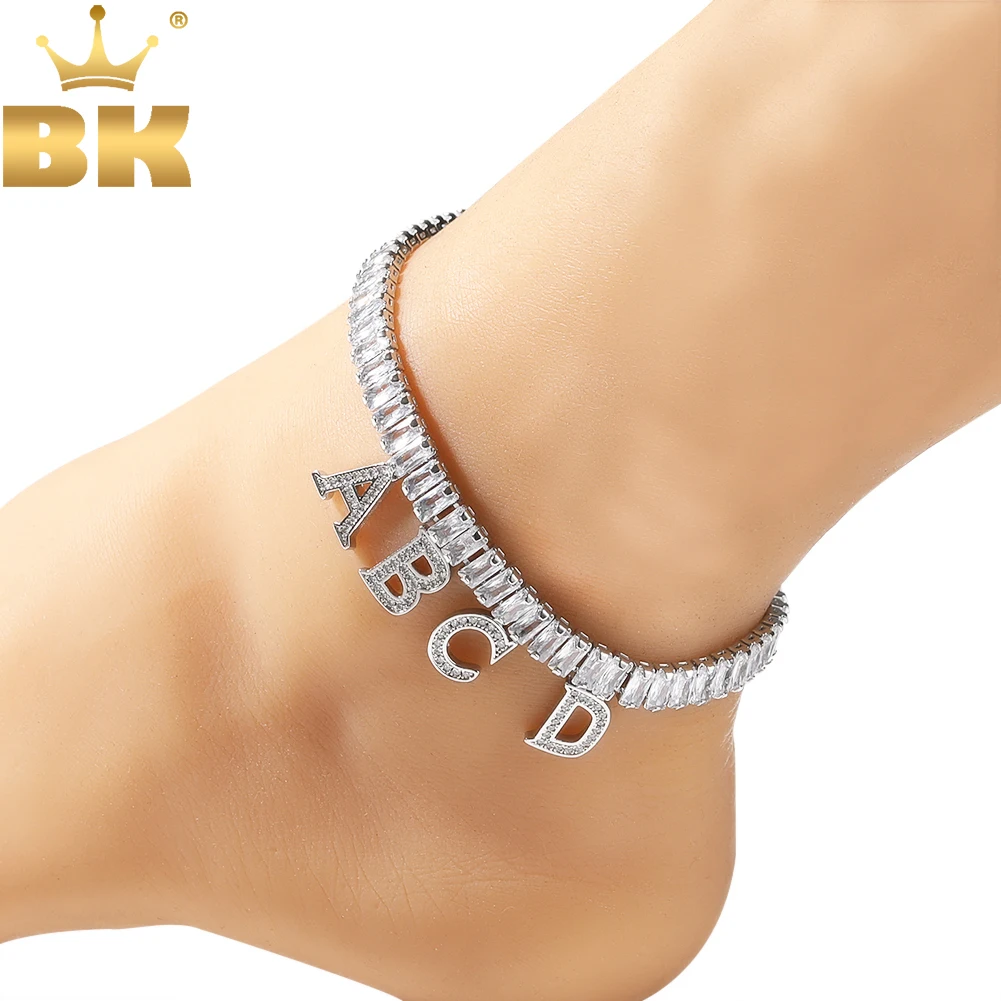 

TBTK Custom Initial Letter Baguettecz Anklet Plus Extension Chain Personalized Name Bracelet Iced out CZ Hiphop Jewelry For Gift