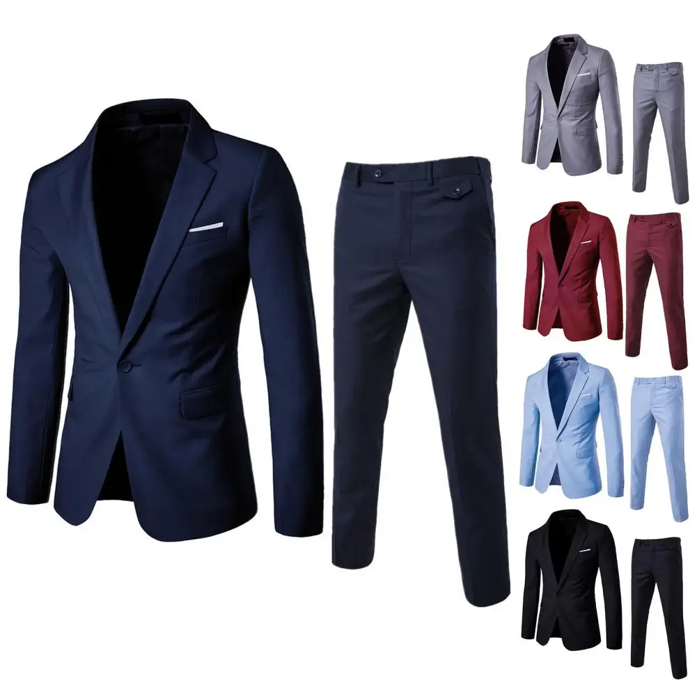 

Men Pants Set Stylish Men's Business Suit Set Lapel Single Button Coat Slim Fit Pants with Pockets Workwear for A Sophisticated