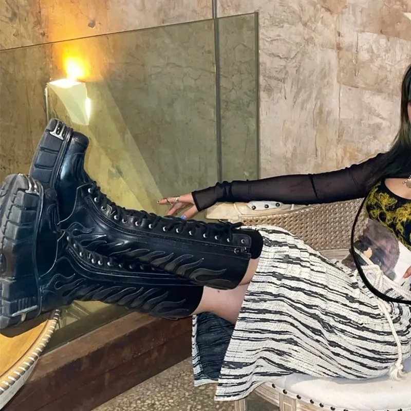 

Punk Long Lace-Up Women Boots Flame Platform Thick Sole Heightening Rider Botines Metal Toe Side Zip Knee-High Boats Femininas