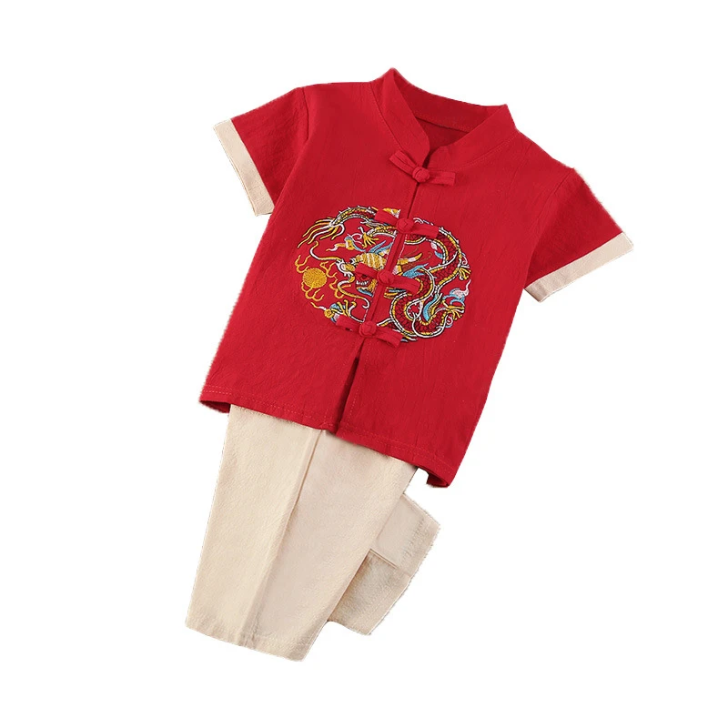New Year Tang Suit 11Colors Chinese Traditional Clothing for Boys Girls Short Sleeve China Spring Festival Kids Clothes