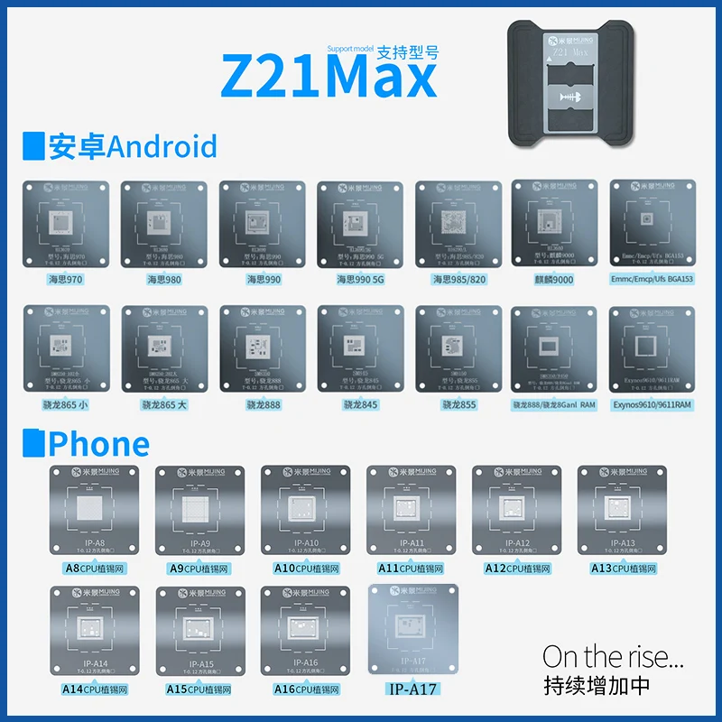 Mijing Z21 Max A8 ~ A17 Cpu Chip Tin Planting Platform Per Iphone 6-15 Pro Max Hisilicon Qualcomm Snapdragon Bga Reballing Stencil
