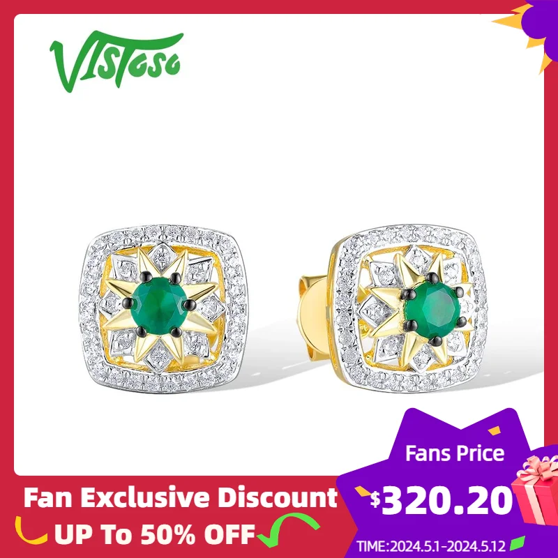 

VISTOSO Pure 14K 585 Yellow Gold Stud Earrings For Women Sparkling Diamonds Emerald Trendy Wedding Party Gift Fine Jewelry