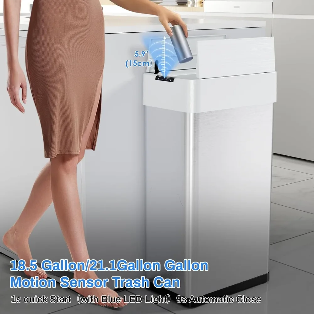 Automatic Trash Can,18.5/21.1 Gallon Touchless Motion Sensor Trash Bin, Smart Garbage Can with Soft-Close Lid, Bag Retainer Ring 4
