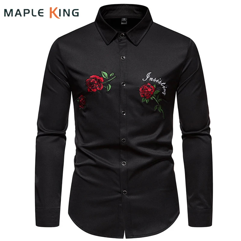 

Luxury Designer Brands Clothes for Men Rose Embroidery Elegant Shirt Vinatge Floral Party Dress Mens Button Down Shirts Chemise