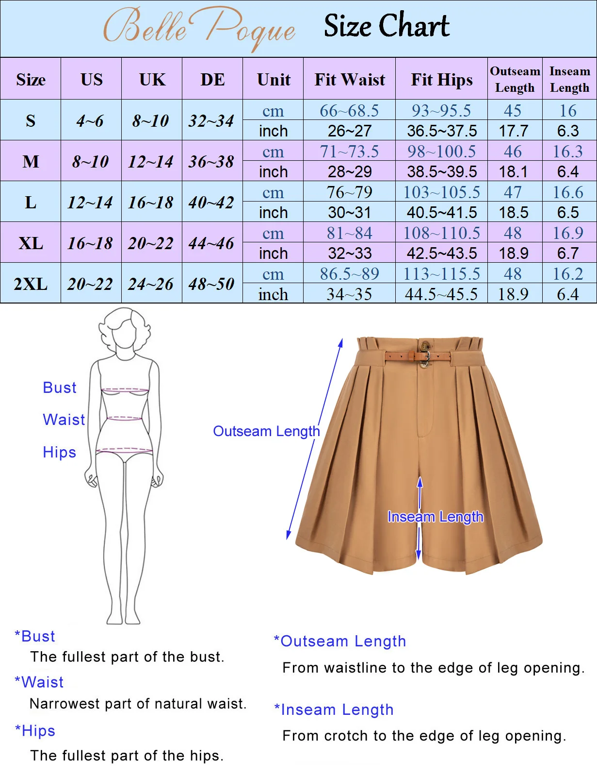 Belle Poque Women Vintage High Waist Wide Leg Shorts With Belt Summer Beach Shorts With Pockets & Belts Pleated Front Short Pant