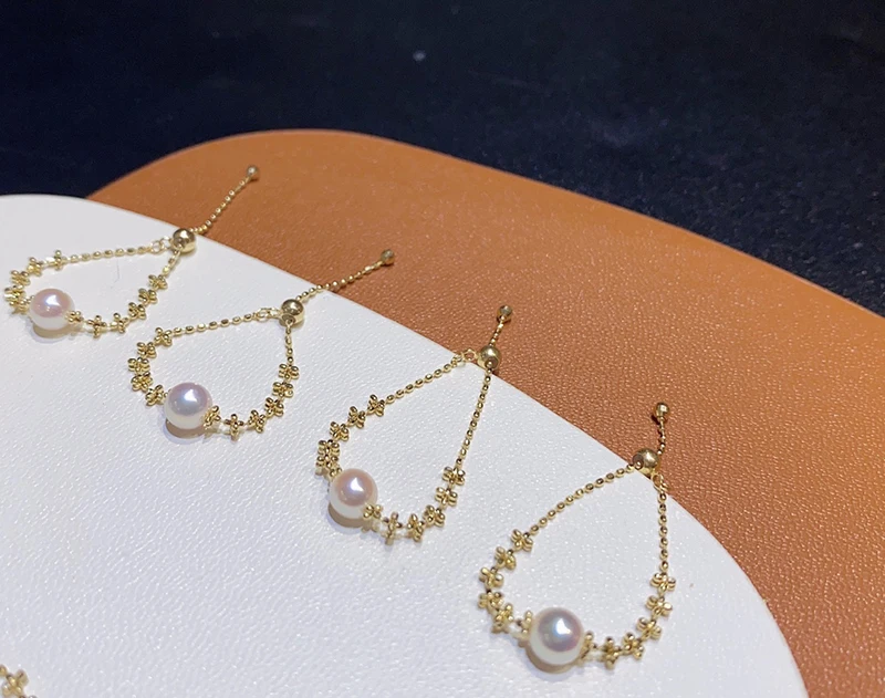 KUGG 18K Yellow Gold Rings 5mm Real Natural Akoya Pearl Adjustable Chain Design Exquisite Jewelry Gift for Women Anniversary