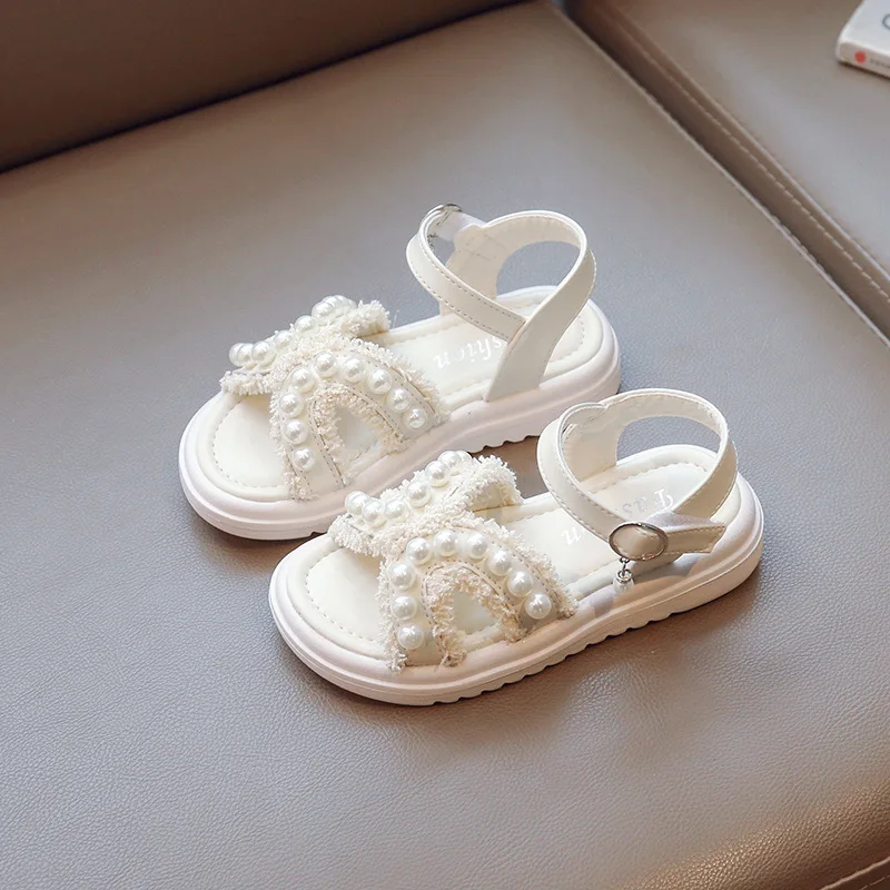 

Girls Sandals Soft Soles Children's Beach Shoes 2023 New Summer Pearl Bowknot Tassel Princess Sandal Kids Flat Open-toed Sandals