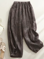 Retro Waterprint Linen Casual Nine-Piece Pants plus Size Women's Loose Elastic Waist Versatile Wide Leg Harlan Pants - Image 2