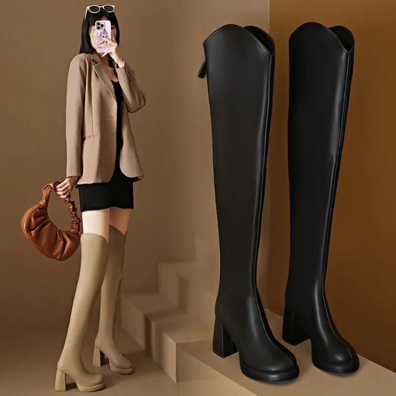 2024 Fashion Knee High Boots Women's Winter Boots New Thick High Heel Stretc Long Boots Slip On Autumn Shoes Woman Plus Size 43