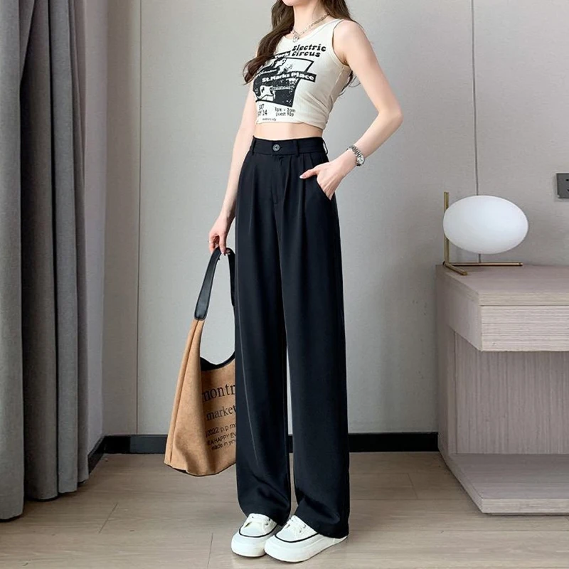 Women Suit Pants Lady Baggy High Waist Wide Leg Solid Color Trousers Female Designer Straight Leg Mom Classic Office Pant Slacks 4
