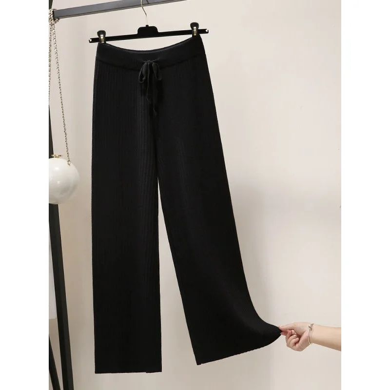 Elastic Waist Thickening Wide Leg Women's Cropped New Wool Straight Long Pants Draping Effect Loose Knitted Trousers