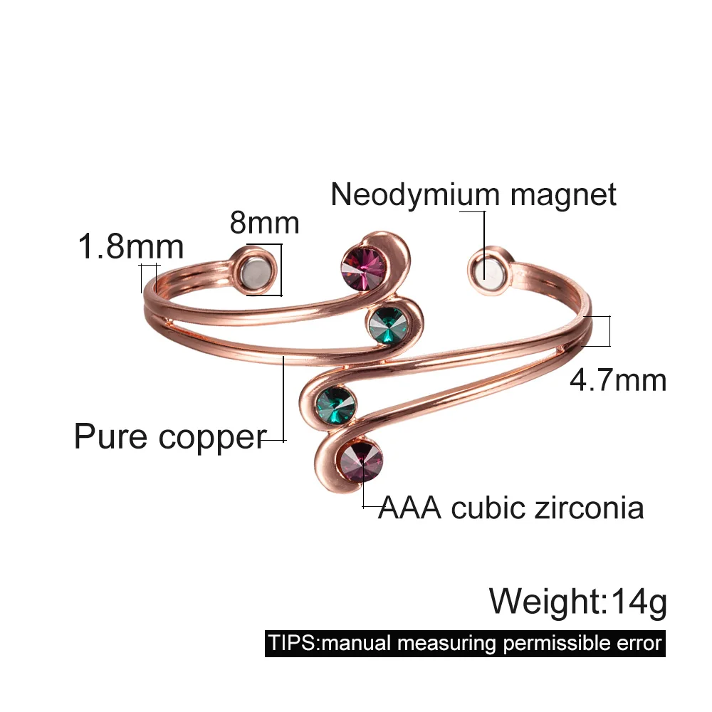 Pure Copper Bracelets Magnetic Therapy Irregular Zirconia Cuff Adjustable High Magnets Bangles Women