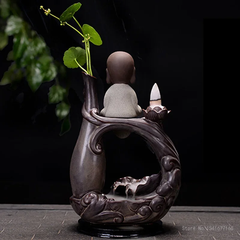 Ceramic Backflow Incense Burner, Three Holy Vase, Lotus Leaf Ornament, Home Decoration Accessories Purple sand censer, 1Pc