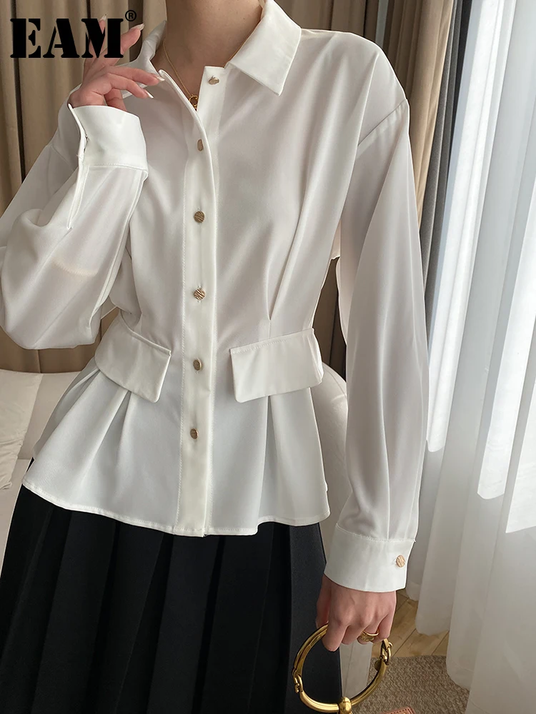 EAM] blanca plisada para mujer, elegante con solapa de manga larga, camisa