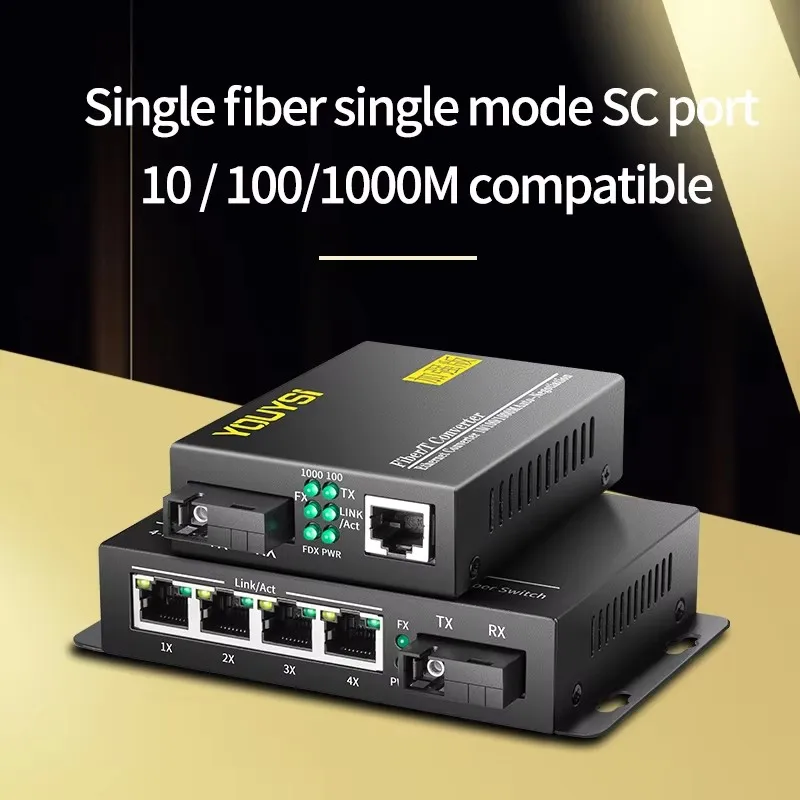 YOUYSI 10/100/1000M 1SC/4GE POE Media Converter 3KM Single-Mode Single Fiber Optical Transceiver SC