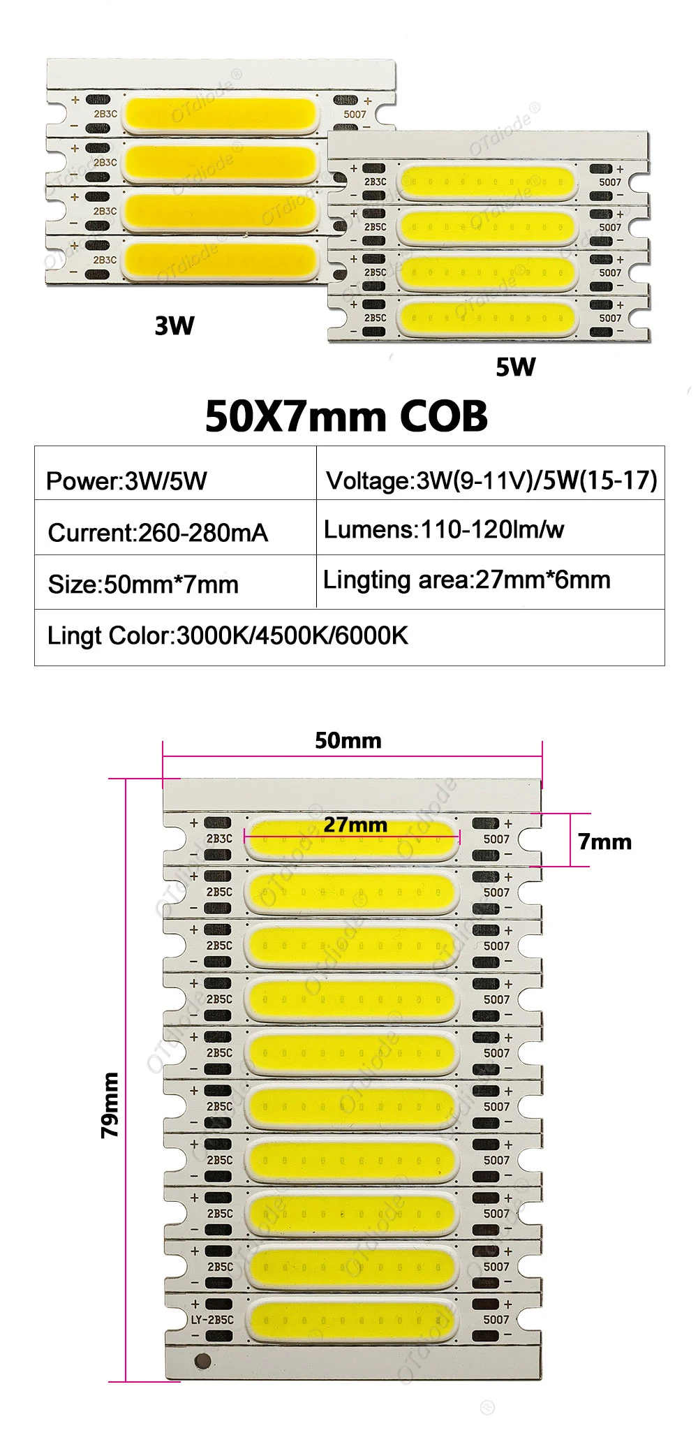 10pcs 1W 3W 5W 300mA COB LED Light Chip 3V 9V 12V 15V 17V 50*7mm Cold Warm White Blub For FlashLight Wall Lamps lights Tube DIY