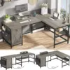SEDETA 63" L Shaped Desk Convertible 86.6" Home Office Corner Computer Desk with Drawer Power Strip Storage Cabinet Retro Grey 1