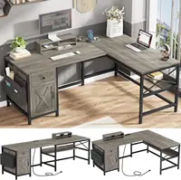SEDETA 63" L Shaped Desk Convertible 86.6" Home Office Corner Computer Desk with Drawer Power Strip Storage Cabinet Retro Grey 1