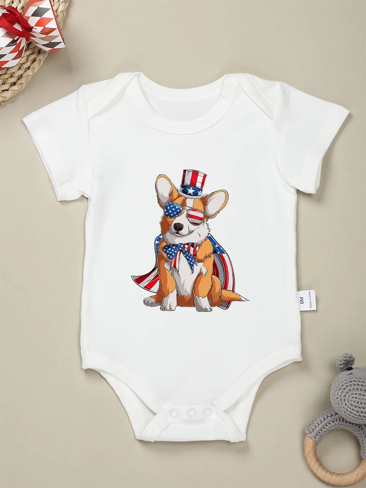 

4th of July Newborn Boy Bodysuits America Fashion Cute Animal Corgi Print Festival Baby Girl Clothes Onesie Summer Street Casual
