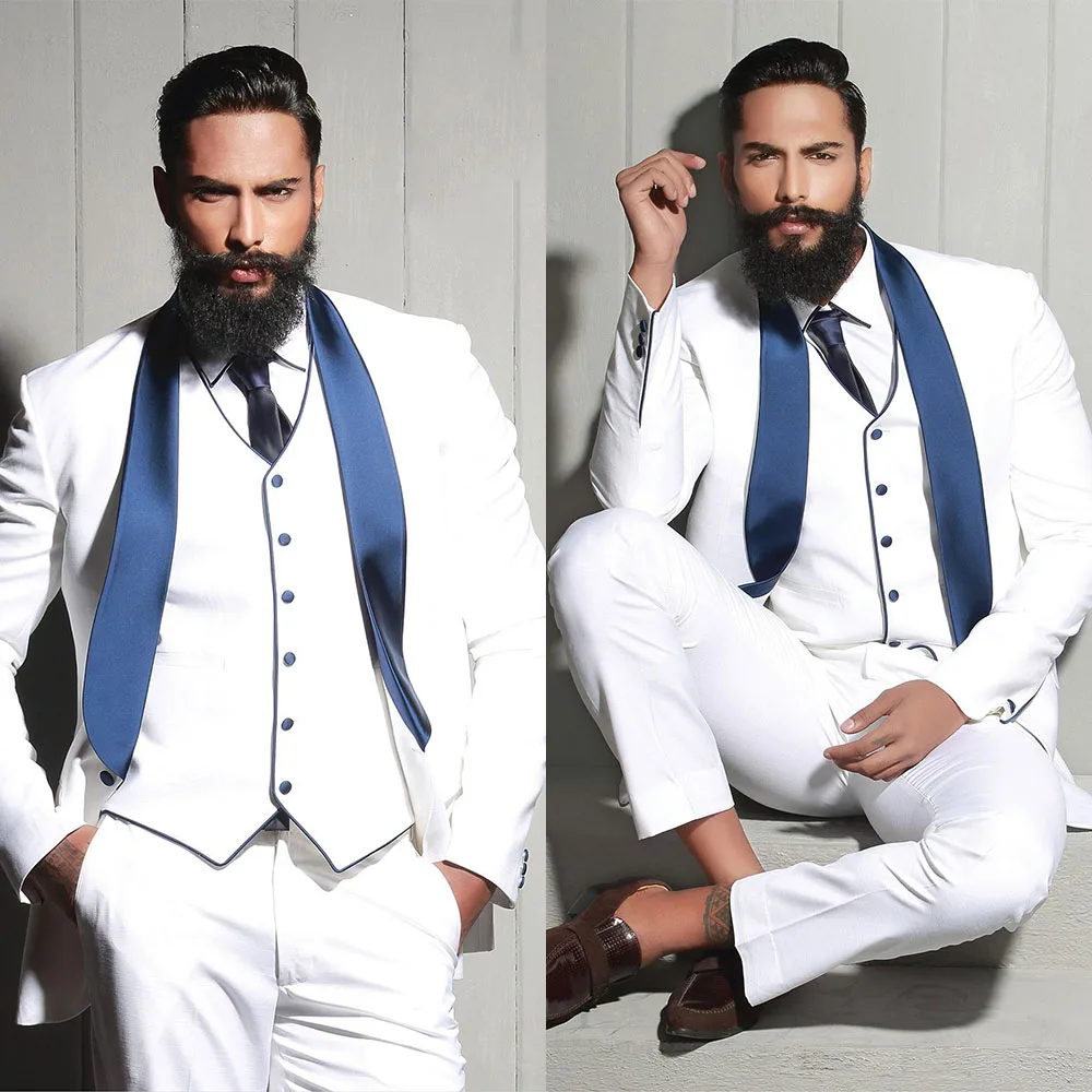 

Fashion White Men Suit 3 Pieces Slim Fit Tailor-Made Blazer Vest Pants Single Breasted Wedding Groom Work Wear Causal Tailored