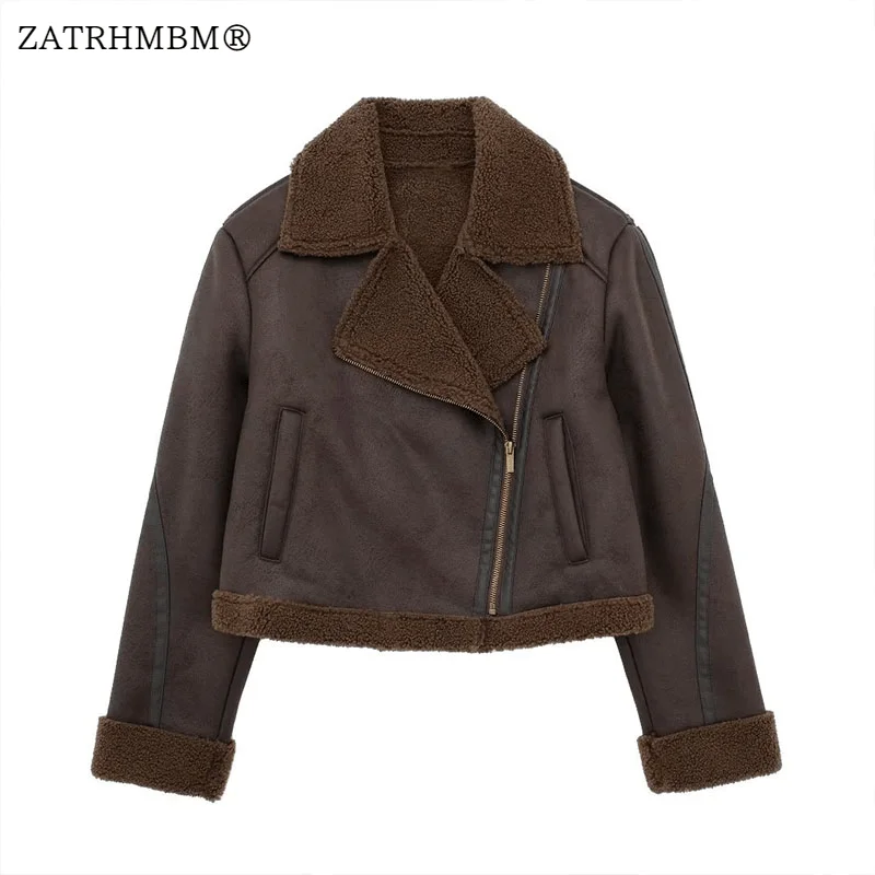 

ZATRHMBM 2023 Winter Fashion Warm Reversible Cropped Jackets Coat Vintage Long Sleeve Zipper Fly Female Outerwear Chic Tops