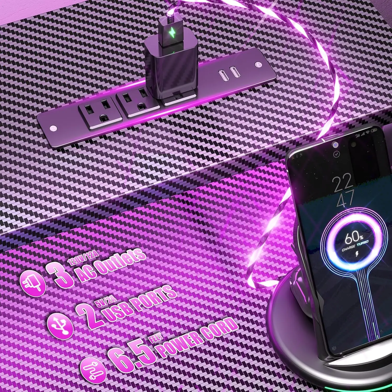 47 Inch Computer Gaming Desk with Power Outlets & LED Lights Reversible Home Office Desk with Adjustable 5 Fabric Storage Drawer