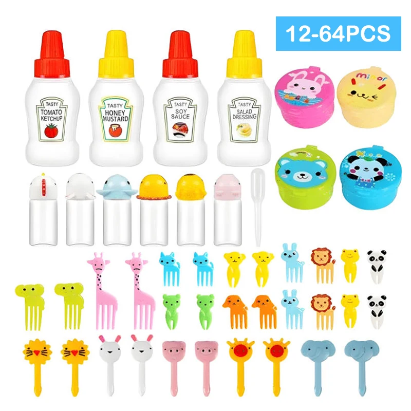 12-46pcs Bento Box Accessory Set Cute Mini Fruit Forks Set Portable Tomato Sauce Dispenser Set For Camping School Lunch Boxes