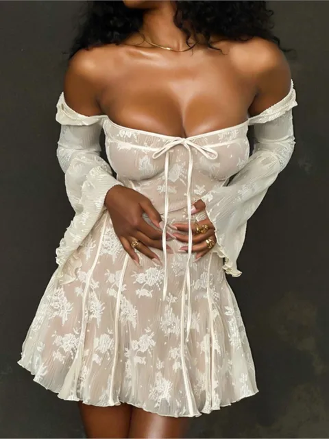 여성용 빈티지 화이트 레이스 미니 원피스
