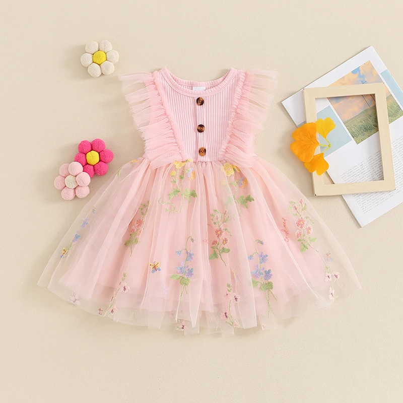 

VISgogo Little Girl Tulle Dress Round Neck Fly Sleeve Ribbed Floral Embroidery Princess Dress Baby Toddler Summer Clothes