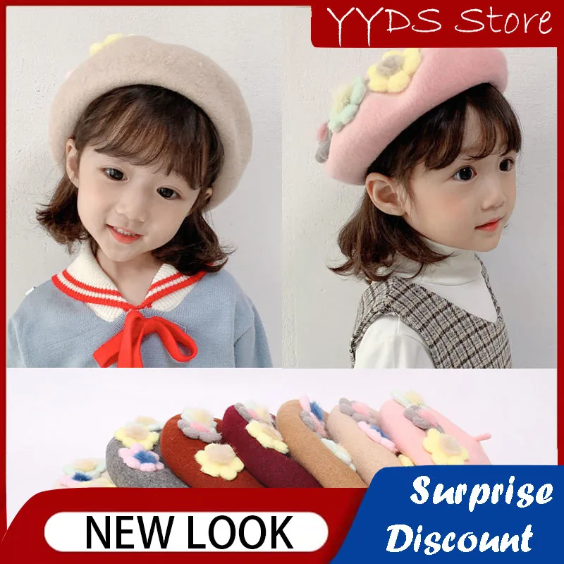 Children's Flower Beret Western-style Parent-child Woolen Beret Breathable Travel Painter Hat Autumn and Winter Warm Hat