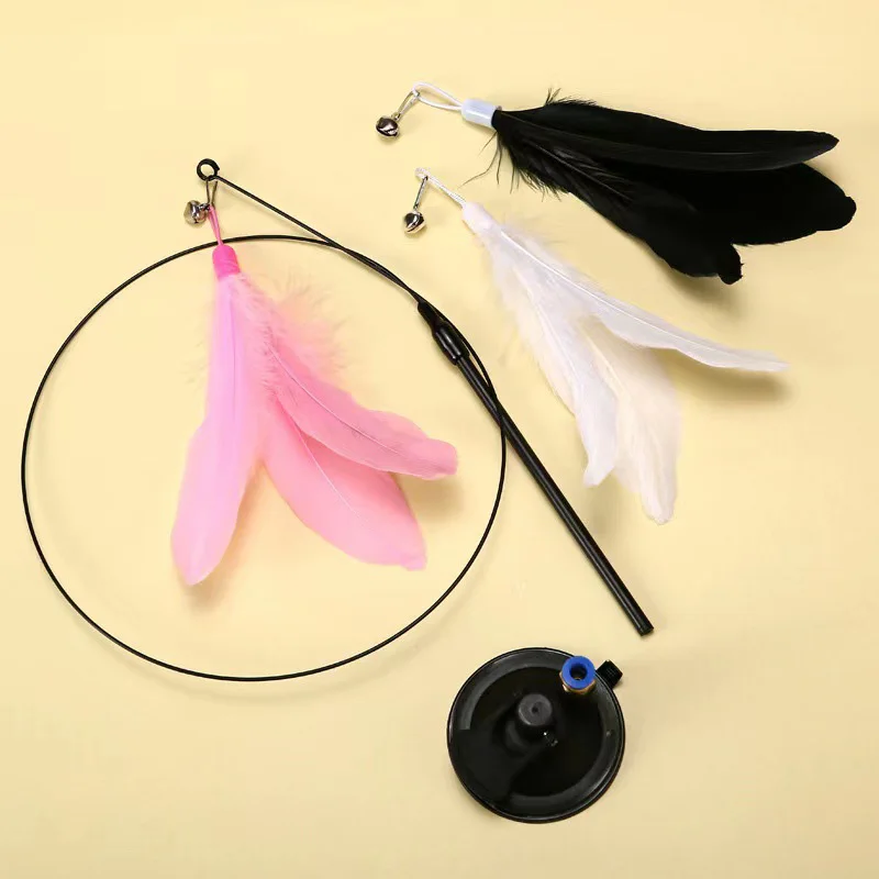 Interactive Cat Feather Wand Toy with Suction Cup & 2PCS Detachable Feather Refills