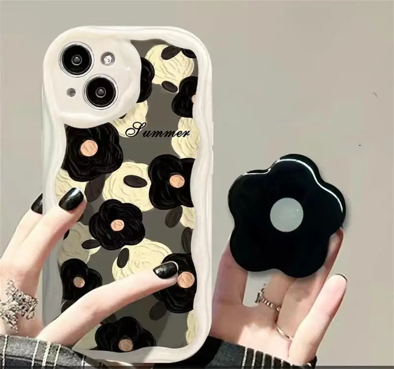 Retro Floral Flower Bracket Holder Phone Case - Silicone Wavy Edge Shockproof Design