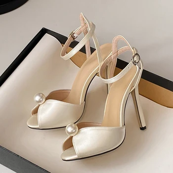 Liyke High Quality Cozy Silk Peep Toe 11CM Thin Heels Gladiator Sandals Women Fashion Pearl Designer Shoes Ankle Strap Sandalias 1