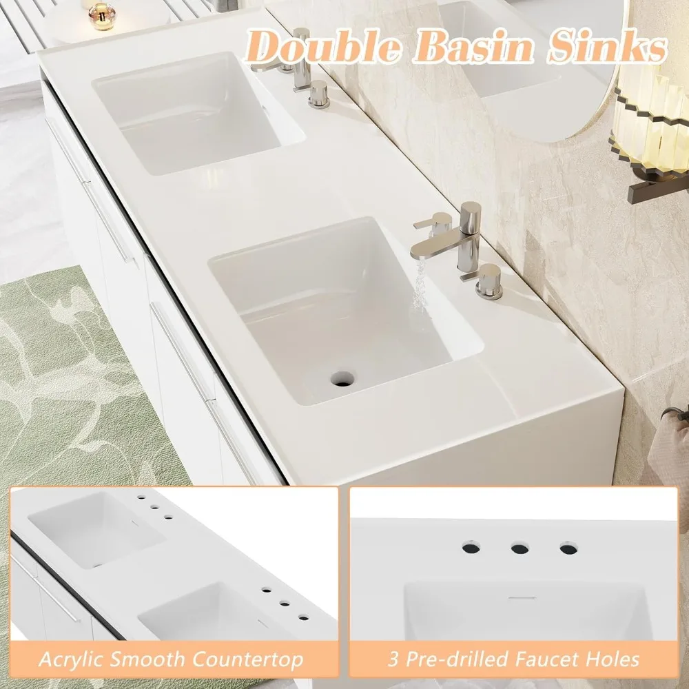 60" LED Floating Bathroom Double Vanity with Sink Combo, Modern High Gloss Wall Mounted Bathroom Storage Cabinet White 5