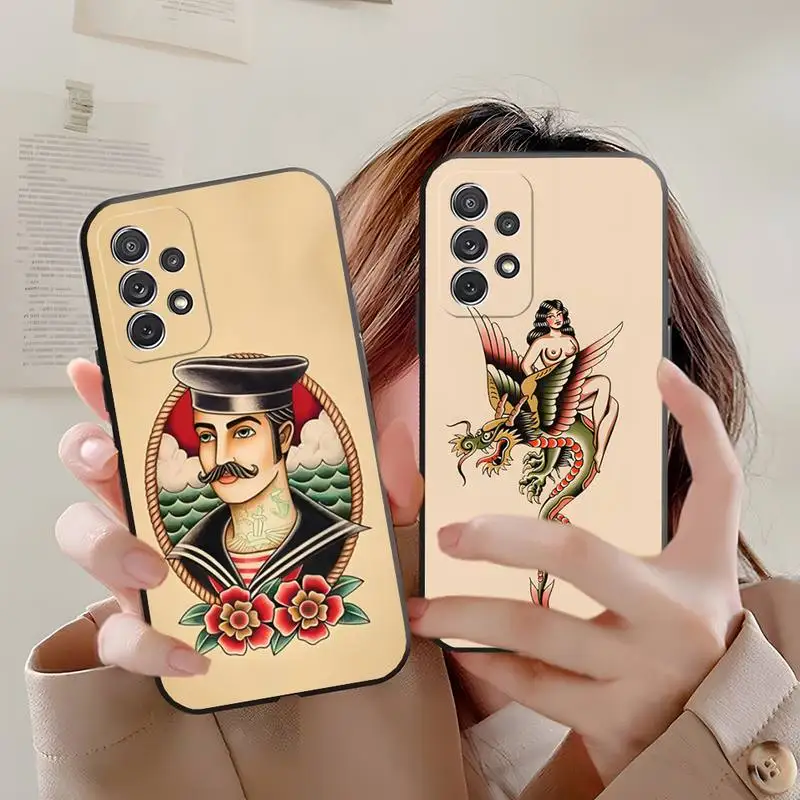 Cool Old School Tattoo Phone Case Funda Per Samsung S20 Lite S22 S30 Ultra S21 Fe S9 S10 E Plus Cover Antiurto Nera