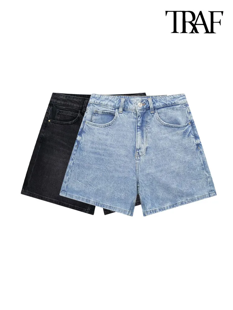 

TRAF Women Fashion With Pockets Denim Shorts Vintage High Waist Zipper Fly Female Short Pants Mujer