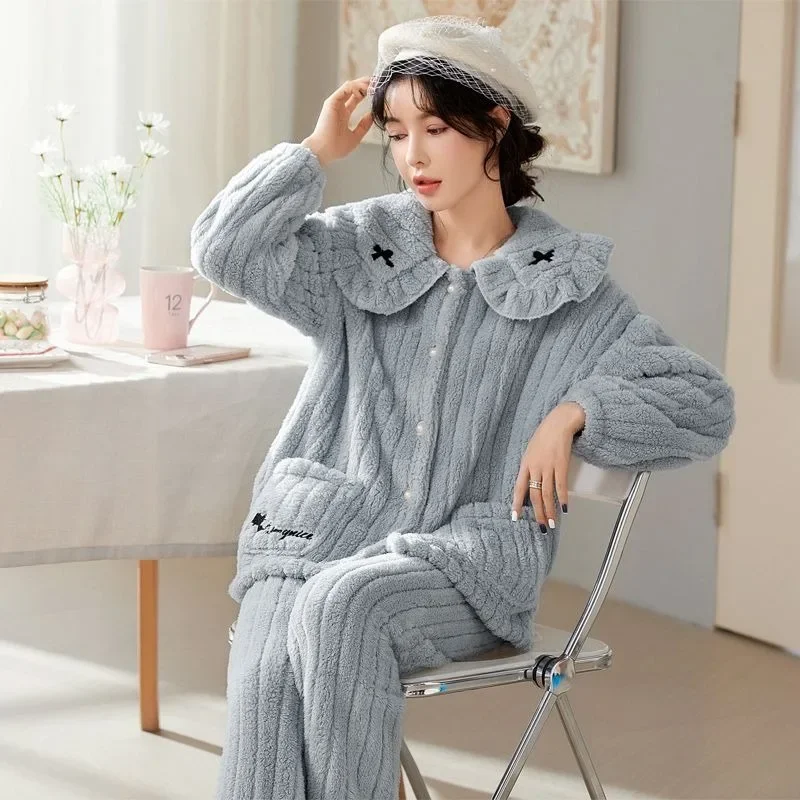 2024 New Sleepwear Women's Autumn Winter Loungewear Coral Plush Doll Neck Sleepwear Cute Long Plush Nightwear Set Warm Homewear women pajamas trousers 3 piece plush warm spring sexy sleepwear winter new style nightwear long sleeve v neck pijama