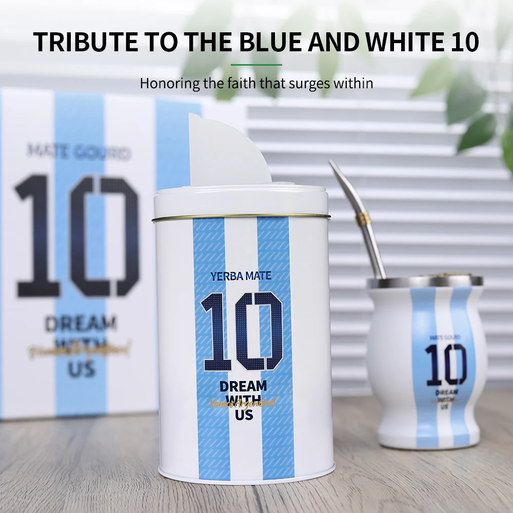 Yerba Mate Cup Set Included Argentina Football Captain No.10 Style Yerbero Stainless Steel Mate Gourd and Bombilla Straw