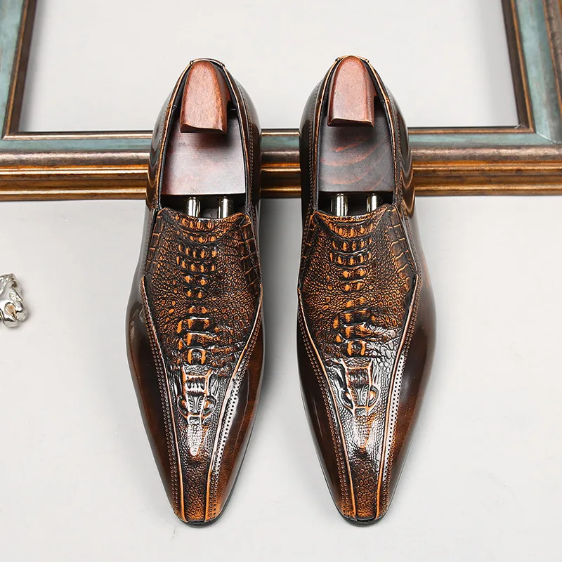 Men's Crocodile Pattern Loafers - Patent Leather Buckle Strap Dress Shoes