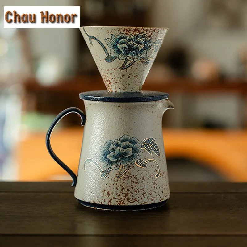 Blue And White Flint Red Coffee Cone Shape Drip Gold Drawing Peony Flower Hand Brewing Coffee Dripper Filter Funnel Barista Mugs